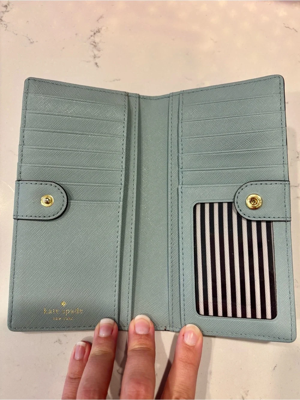 kate spade Sky Blue Saffiano Leather Continental Wallet with Gold Logo